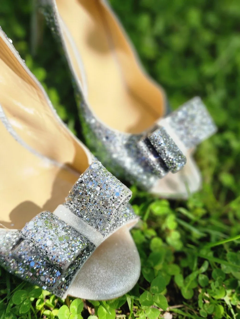 kate spade Silver Glitter Peep-Toe Slingback Heels with Bow